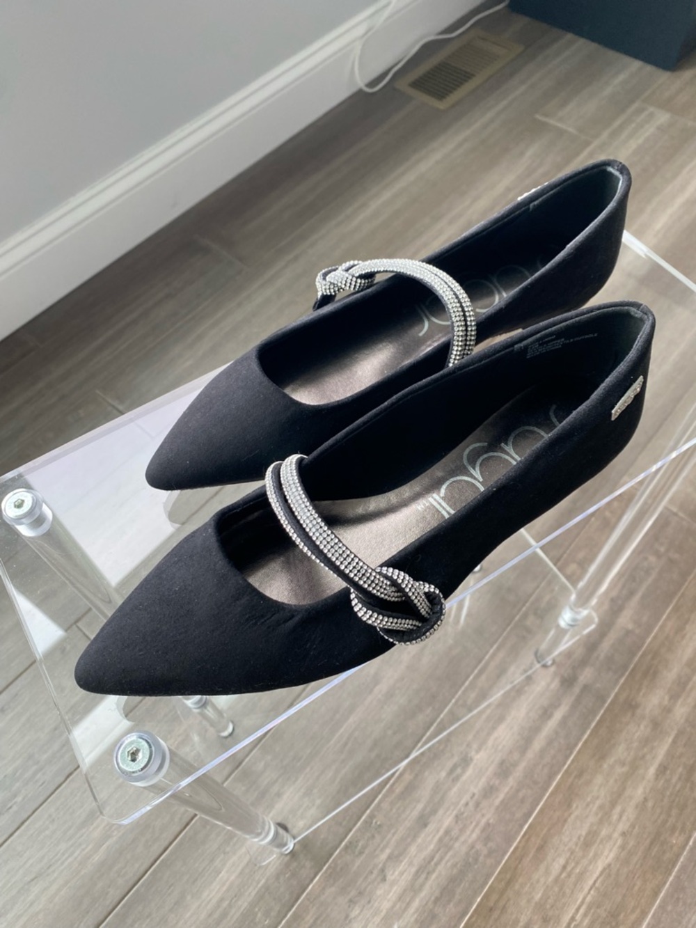 Black Pointed Toe Mary Jane Flats with Rhinestone Strap